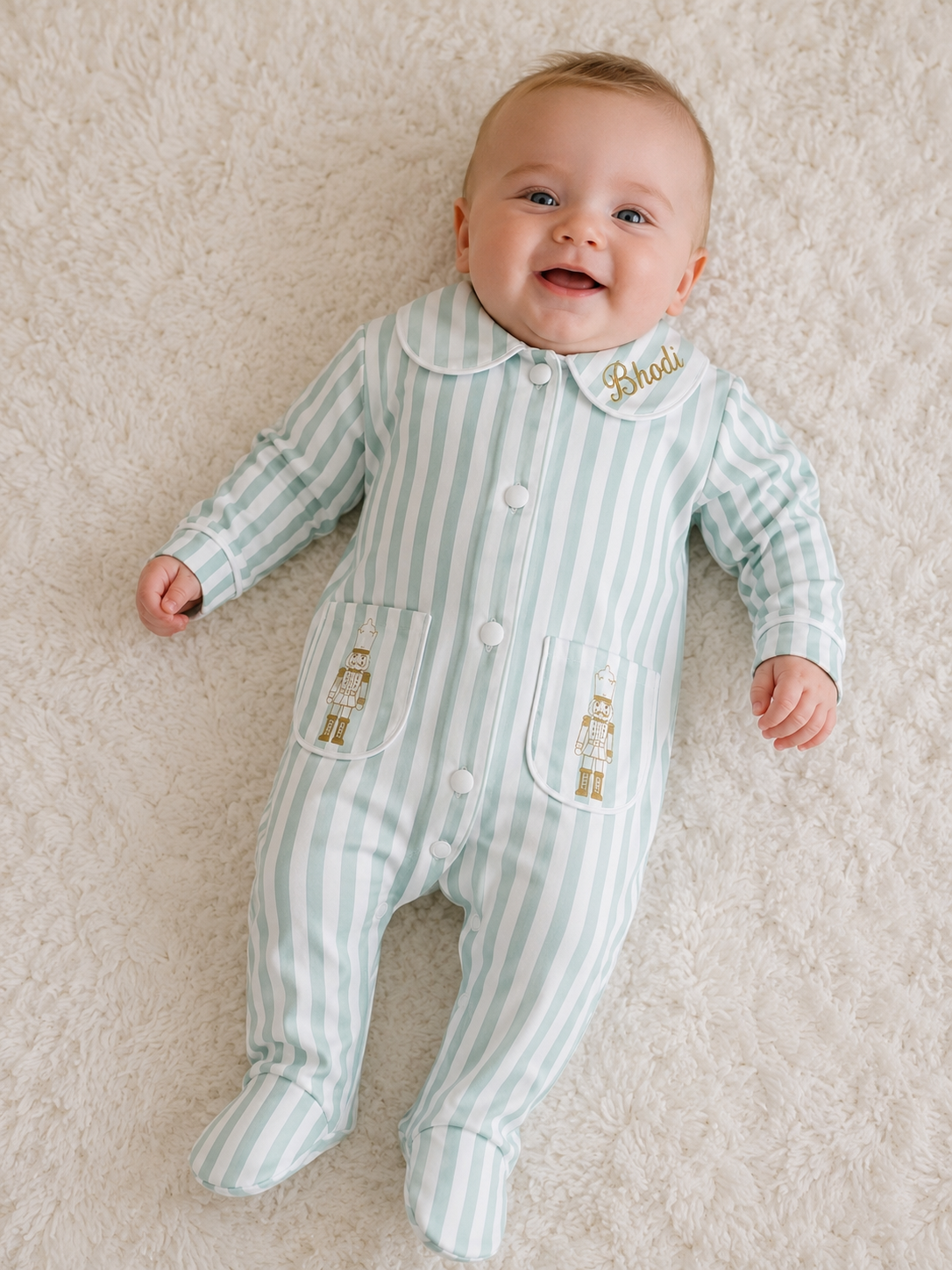 Sage Green Stripe Nutcracker First Christmas Baby Gro