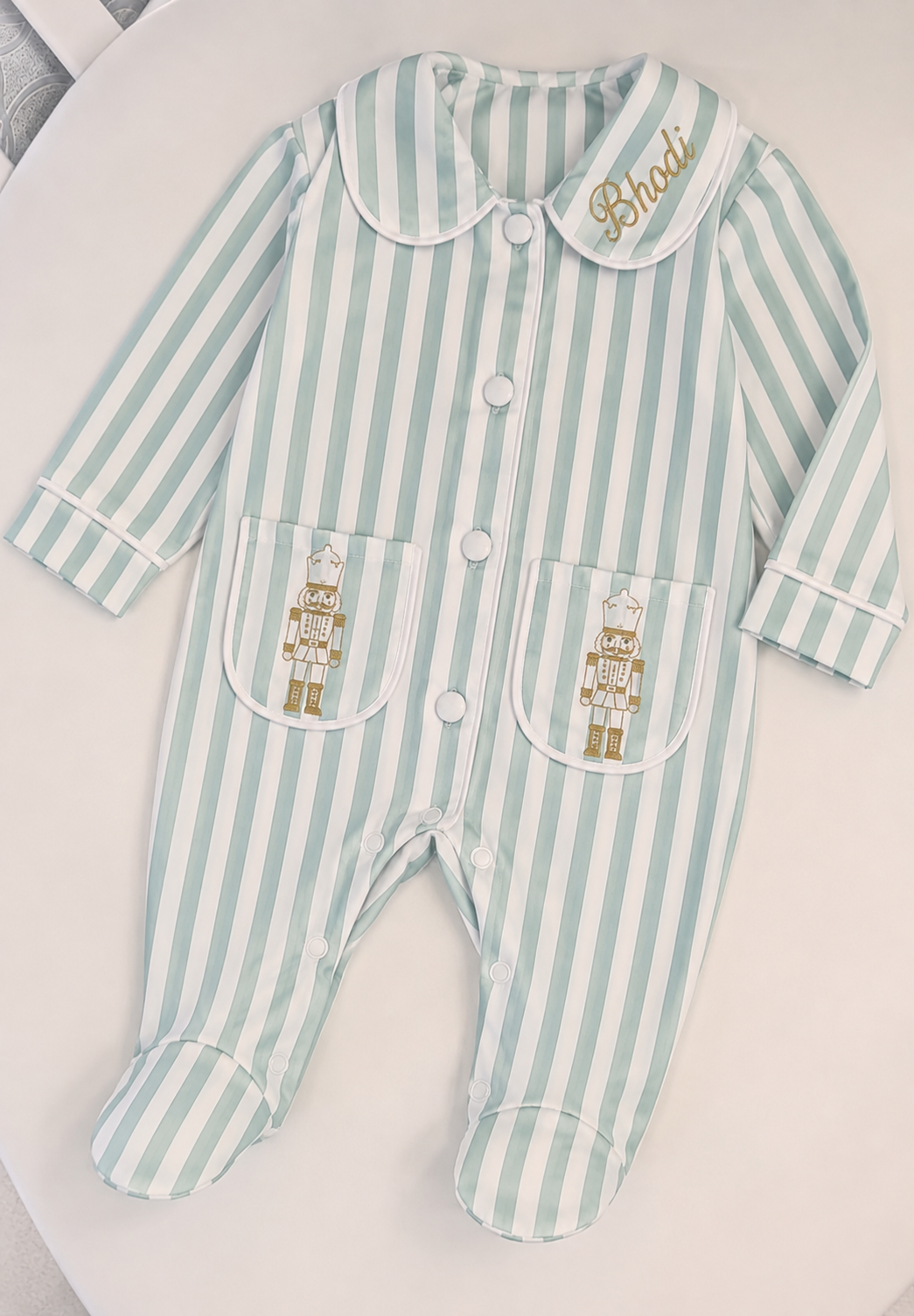 Sage Green Stripe Nutcracker First Christmas Baby Gro
