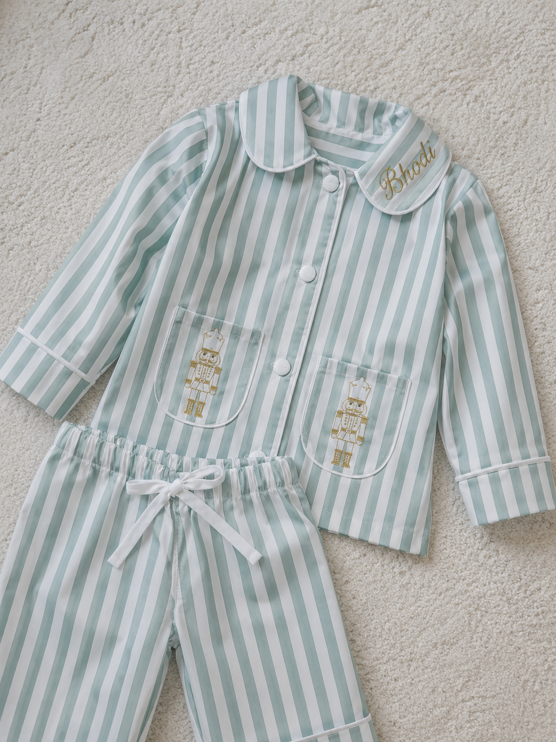 Sage Green Stripe Luxe Pyjama And Robe Set
