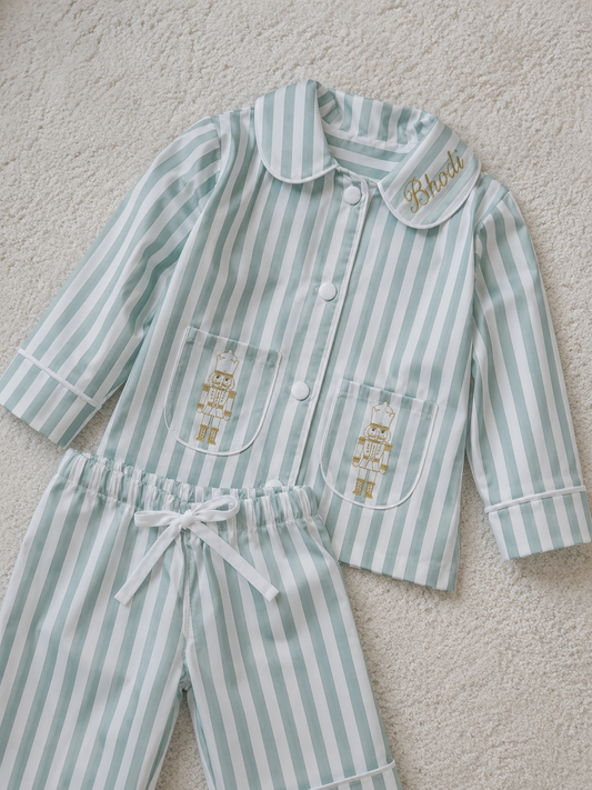 Sage Green Stripe Luxe Pyjama And Robe Set